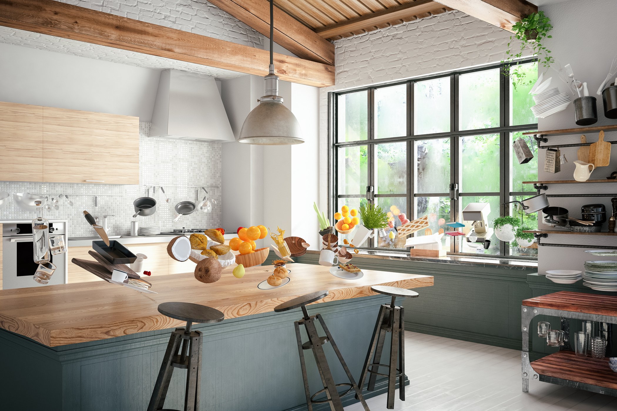 Zero Gravity in Kitchen. Levitation